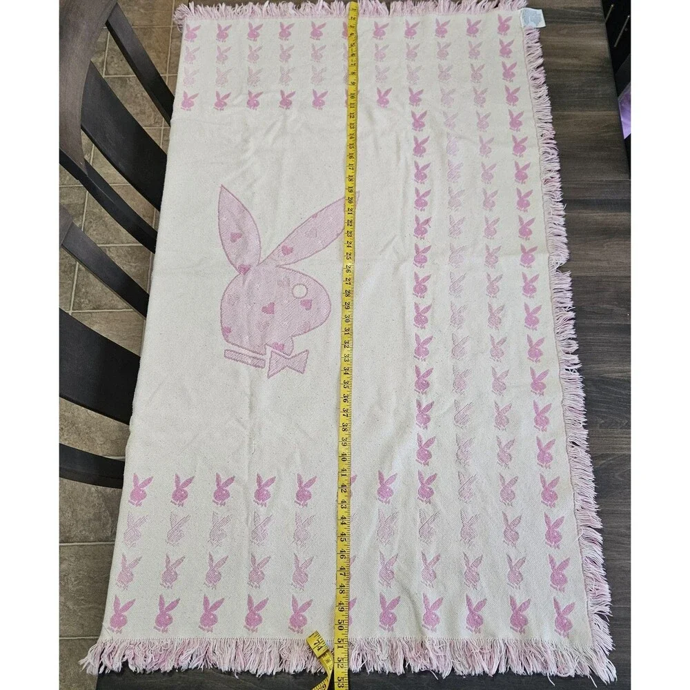 Vintage 2004 Playboy Bunny Reversible Throw Blanket Pink Cream Y2K Fringe